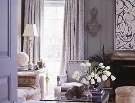 Lavender color in the interior of the bedroom, kitchen, living room and bathroom - photo